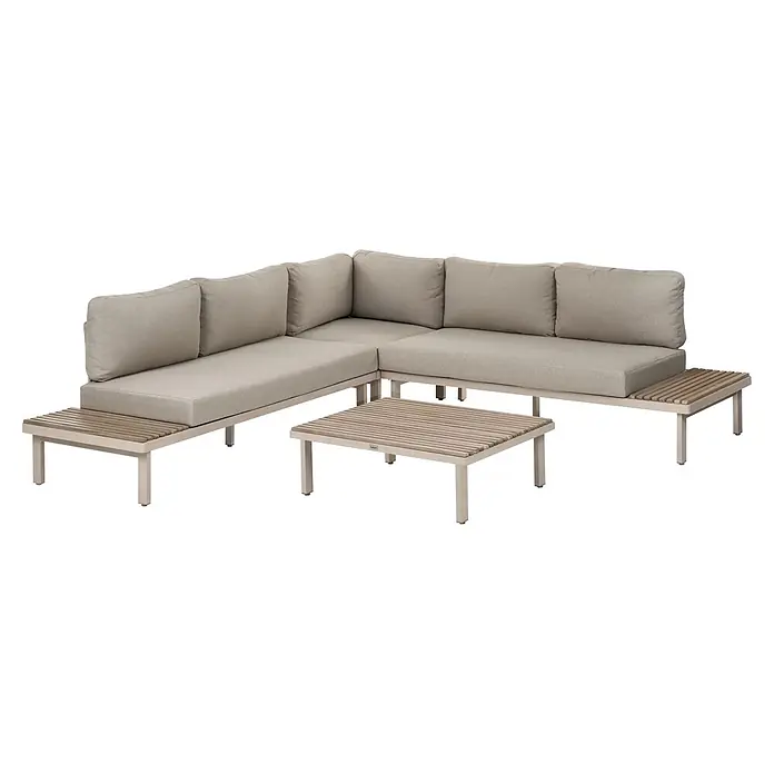 11-tlg Lounge Set FIVIZZANO in Beige/Braun -  - Helle Outdoor-Ecksofa-Gruppe mit Aluminiumrahmen, Lattenholz-Beistelltischen und passendem Couchtisch.