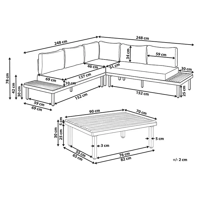 11-tlg Lounge Set FIVIZZANO in Beige/Braun -  - Detaillierte Maße eines L-förmigen Outdoor-Lounge-Sets mit Lattenrost-Design und Kissen, inklusive passendem rechteckigen Couchtisch.