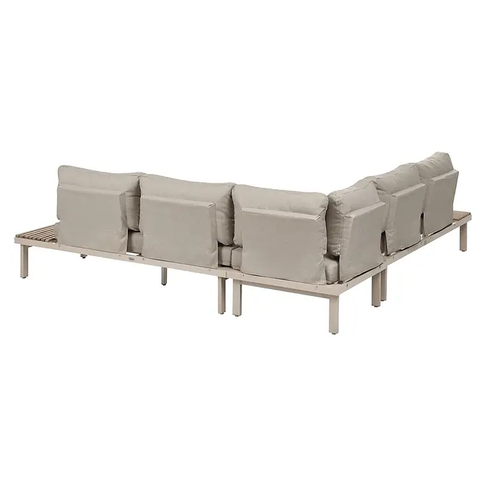 11-tlg Lounge Set FIVIZZANO in Beige/Braun -  - L-förmiges Outdoor-Sofa mit beigefarbenen Polstern, hellbraunem Gestell und Lattenholz-Seitendetails.