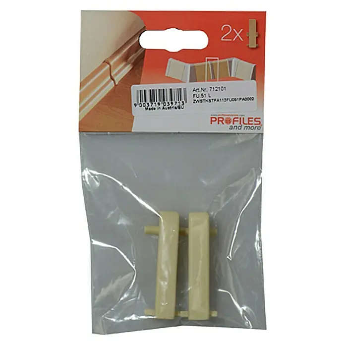 Profiles and more Übergangskappe FU51L/KU51L - Elfenbein, 2 Stk. - Eine Packung mit zwei cremefarbenen "PROFILES and more" Sockelleisten-Verbindungsstücken in einer transparenten Plastikverpackung.