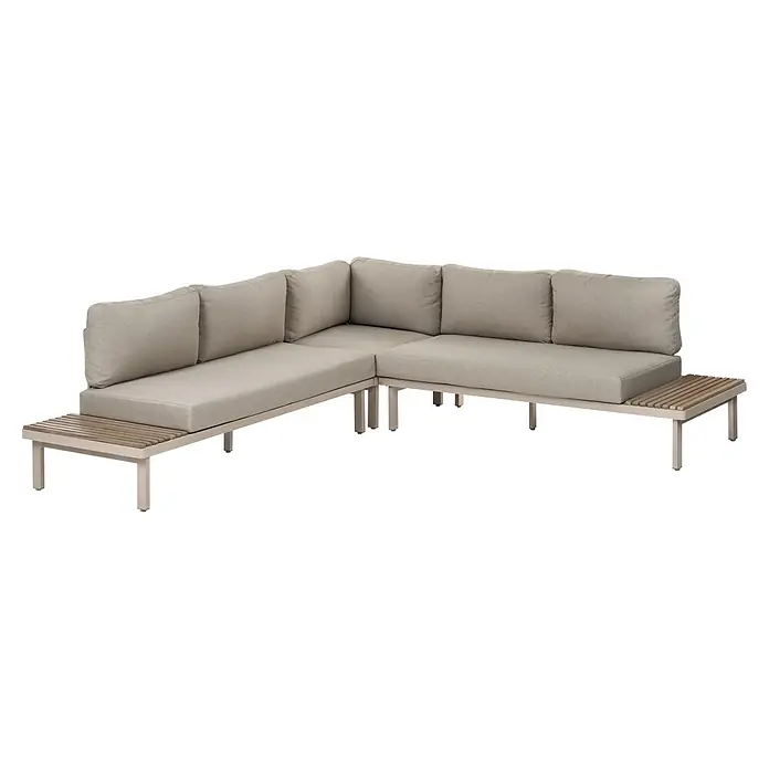 11-tlg Lounge Set FIVIZZANO in Beige/Braun -  - L-förmiges Outdoor-Ecksofa mit hellbeigen Kissen, hellbraunem Metallrahmen und integrierten Lattenholz-Beistelltischen.