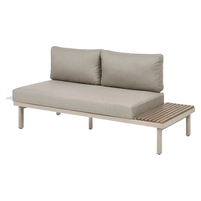 11-tlg Lounge Set FIVIZZANO in Beige/Braun -  - Beiges Outdoor-Sofa mit Metallgestell und integriertem Latten-Beistelltisch aus Holz.
