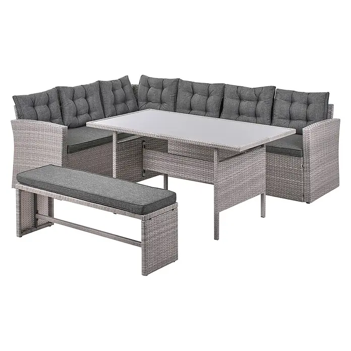 13-tlg Lounge Set VITERBO in Grau -  - Graue Polyrattan-Gartenlounge-Set mit Ecksofa, Tisch und Bank, dunkelgrauen Kissen und Glasplatte.