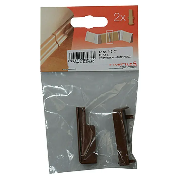 Profiles and more Übergangskappe FU51L/KU51L - Braun, 2 Stk. - Ein Paar braune Eckverbinder FU 51 L, ideal für saubere Übergänge bei Fußleisten, verpackt mit Artikelnummer 712102.
