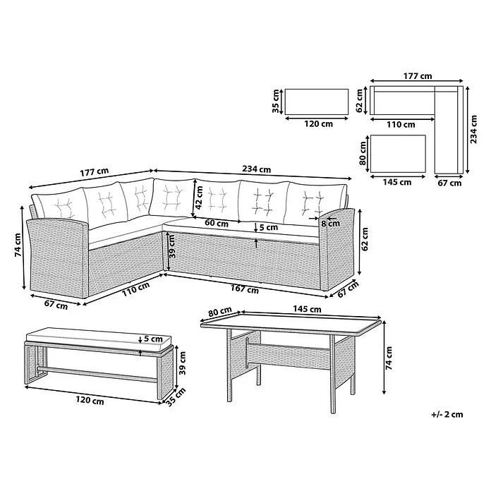 13-tlg Lounge Set VITERBO in Grau -  - Detaillierte schwarz-weiß Strichzeichnung einer Rattan-Gartenmöbelgarnitur (Ecksofa, Bank, Tisch) mit allen Maßen.