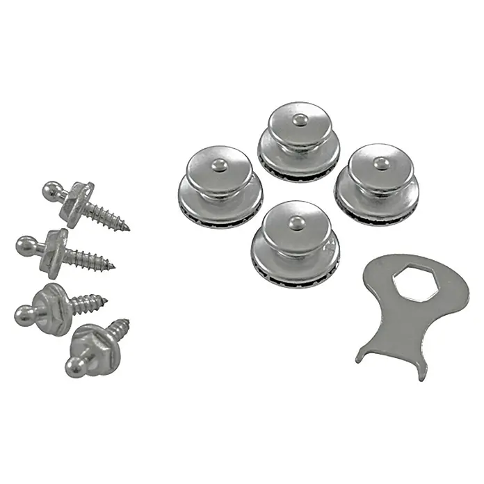 Marinetech Surtido de botones - Longitud rosca: 12 mm, 4,2 mm, Acero inoxidable - Primer plano de cuatro botones de tapicería plateados, tres tornillos y una llave inglesa sobre un fondo blanco.