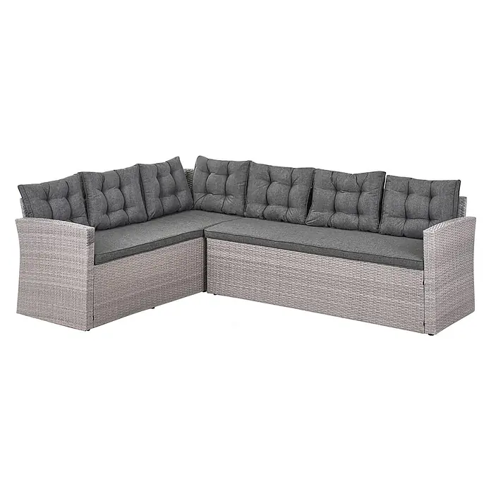 13-tlg Lounge Set VITERBO in Grau -  - Graues Rattan L-förmiges Ecksofa mit dunkelgrauen Sitz- und Rückenkissen.