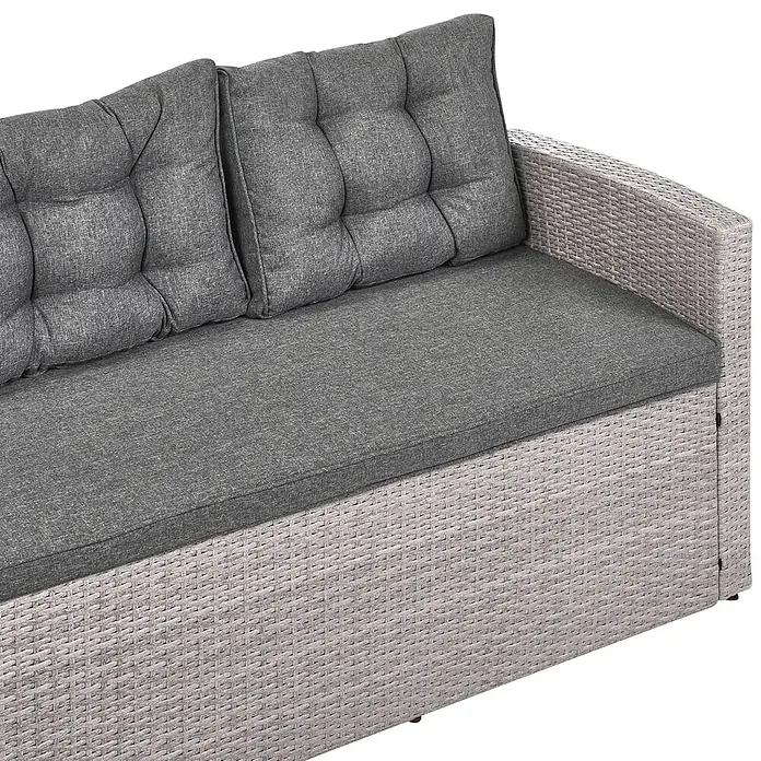 13-tlg Lounge Set VITERBO in Grau -  - Hellgraues Rattan-Outdoor-Sofa mit dunkelgrauen Stoff-Sitz- und Rückenkissen.