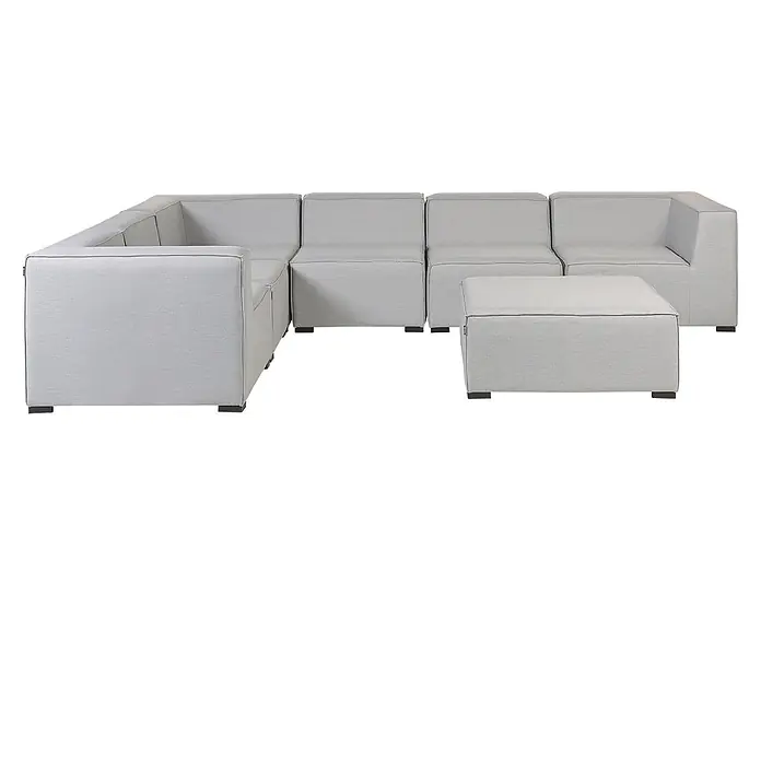 7-tlg Lounge Set AREZZO in Grau/Schwarz linksseitig -  - Helles graues modulares Sofa und Ottomane im L-Shape, mit klaren Linien und dunklen Paspeln.
