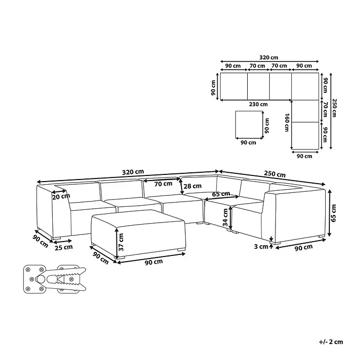 7-tlg Lounge Set AREZZO in Grau/Schwarz linksseitig -  - Modulares L-Sofa mit Hocker und Maßen. Gesamtbreite 320 cm, Tiefe 250 cm.