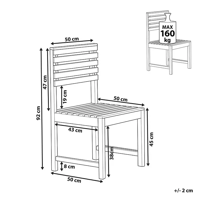 Gartenstuhl TREIA in Braun - (W) 50 x (H) 92 x - L - Holzstuhl mit Lamellen, detaillierten Maßen und einer maximalen Belastbarkeit von 160 kg.
