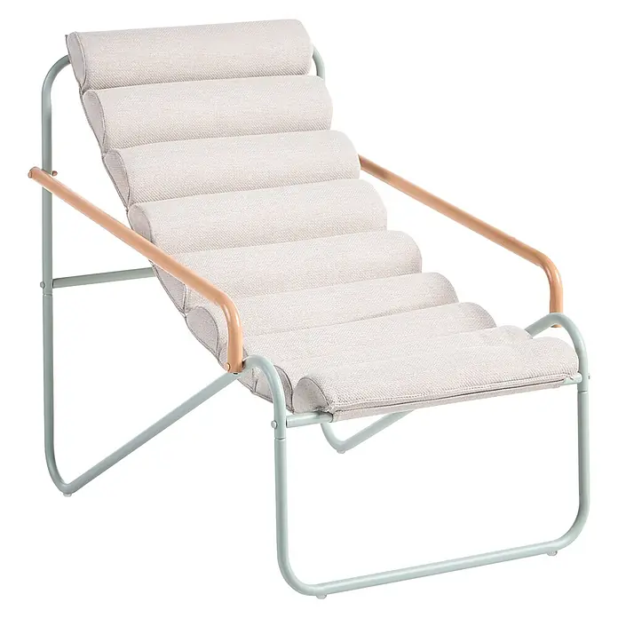 3-tlg Lounge Set PASTO in Grün/Beige -  - Hellbeiger Loungesessel mit geripptem Stoff, hellblauem Metallgestell und hellen Holzarmlehnen.