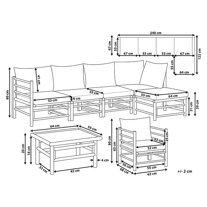 20-tlg Lounge Set CERRETO in Braun/Beige/Grau linksseitig -  - Maßzeichnung einer Gartenlounge aus Holzoptik mit Sofa, Sessel, Tisch und Hocker inklusive Kissen.