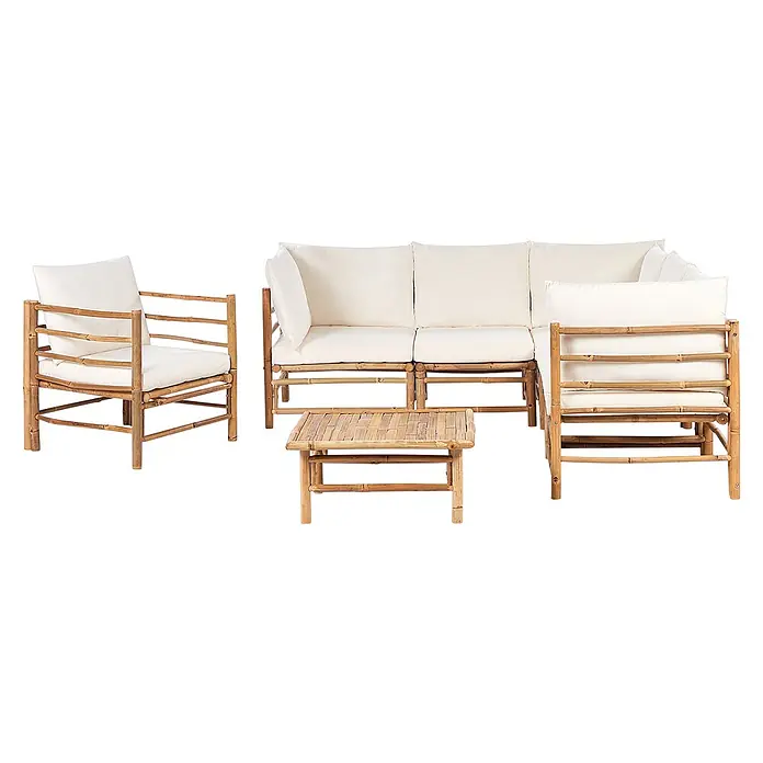 22-tlg Lounge Set CERRETO in Braun/Weiß -  - Bambus-Gartenlounge-Set mit cremefarbenen Kissen, bestehend aus Sessel, Dreisitzer-Sofa und Couchtisch.