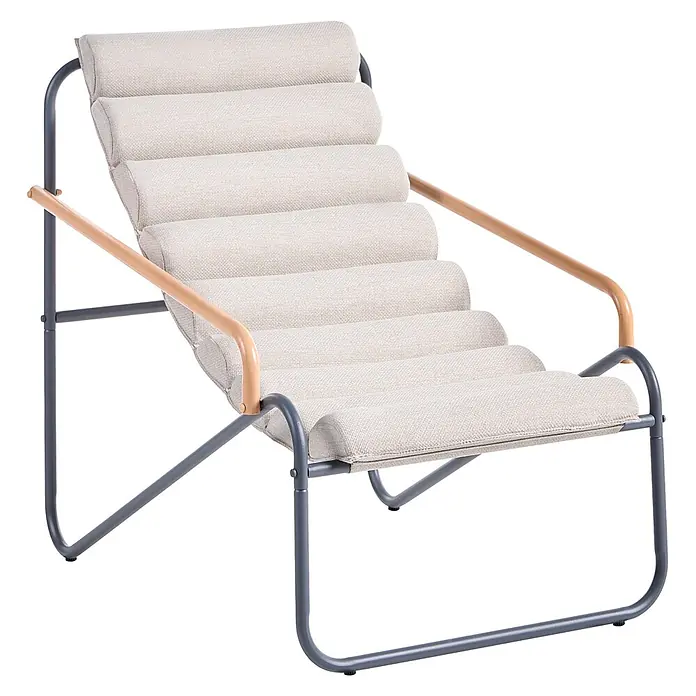 3-tlg Lounge Set PASTO in Grau/Beige -  - Moderner Loungesessel mit beigen Polsterkissen aus Stoff, hellen Holzarmlehnen und dunkelgrauem Metallgestell.