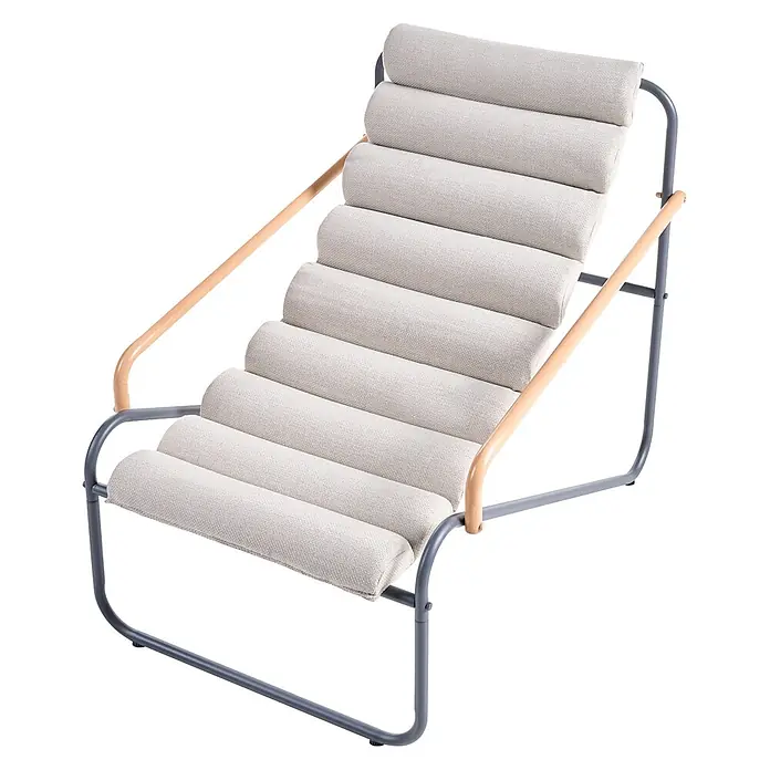 3-tlg Lounge Set PASTO in Grau/Beige -  - Moderner Loungesessel mit grauem Metallgestell, hellen Holzarmlehnen und geripptem beigem Stoffbezug für entspanntes Sitzen.