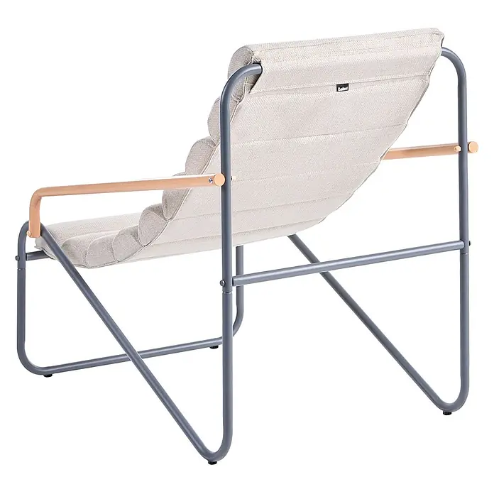 3-tlg Lounge Set PASTO in Grau/Beige -  - Moderner Loungesessel mit grauem Metallgestell, hellbeigem geripptem Stoffbezug und hellen Holzarmlehnen.