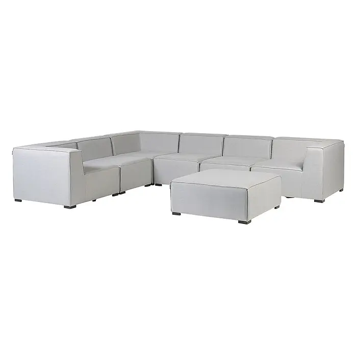 7-tlg Lounge Set AREZZO in Grau/Schwarz rechtsseitig -  - Helles graues Stoffmodulsofa in L-Form mit passendem Ottoman, dezenten Paspelierungen und dunklen Blockfüßen.