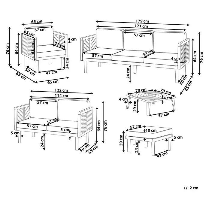 5-tlg Lounge Set BARATTI in Braun/Beige -  - Gartenmöbel-Set mit holzfarbenen Rahmen und hellen Kissen, bestehend aus Sofa, Sessel, Couchtisch und Hocker, mit Maßen.