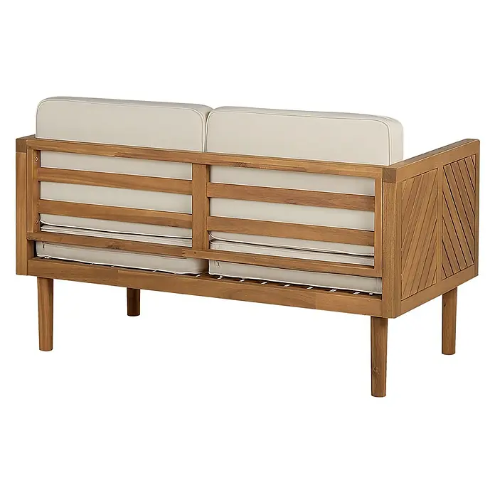 5-tlg Lounge Set BARATTI in Braun/Beige -  - Hölzernes Outdoor-Zweisitzer-Sofa mit cremefarbenen Kissen, mit Lattenrost-Rückenlehne und Seitenpaneelen.