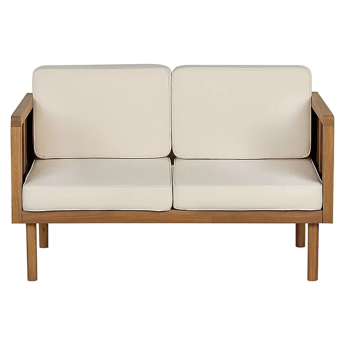 5-tlg Lounge Set BARATTI in Braun/Beige -  - Modernes Outdoor-Zweisitzer-Sofa mit Naturholzrahmen und weichen, cremefarbenen Kissen.