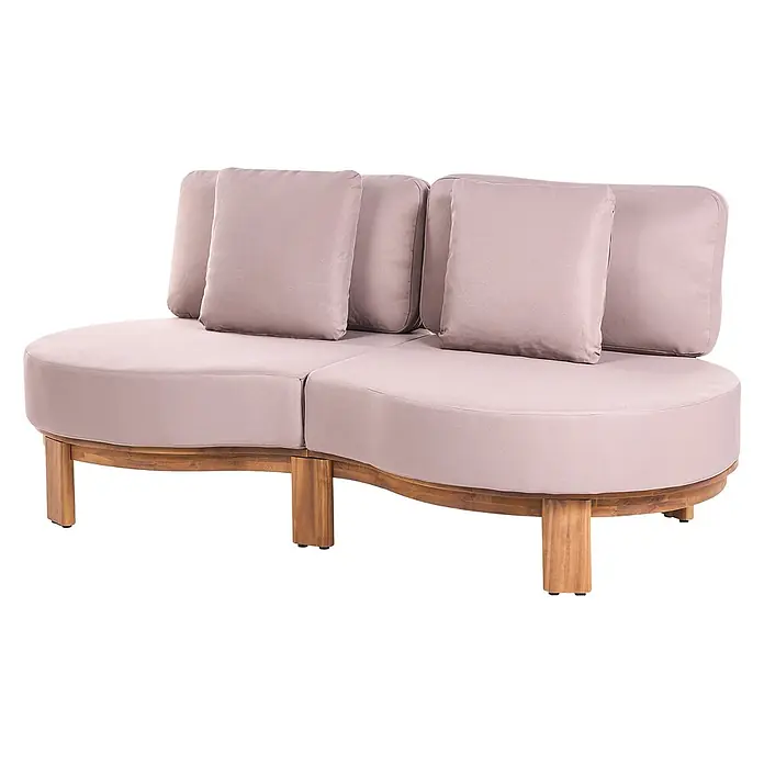 4-tlg Lounge Set ARZELLO in Braun/Beige -  - Geschwungenes modulares Outdoor-Sofa mit helllavendelfarbenen Stoffkissen und Naturholzuntergestell.