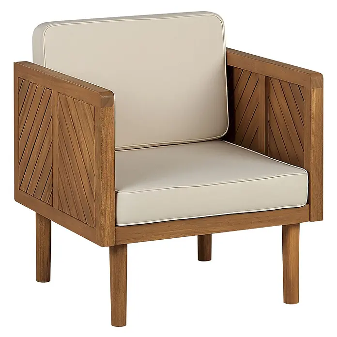 5-tlg Lounge Set BARATTI in Braun/Beige -  - Hölzerner Outdoor-Sessel mit cremefarbenen Kissen und Lamellenseiten.