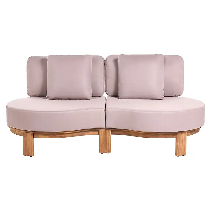 4-tlg Lounge Set ARZELLO in Braun/Beige -  - Zwei geschwungene modulare Outdoor-Loungesessel mit hellrosa Kissen und naturfarbenem Holzgestell.
