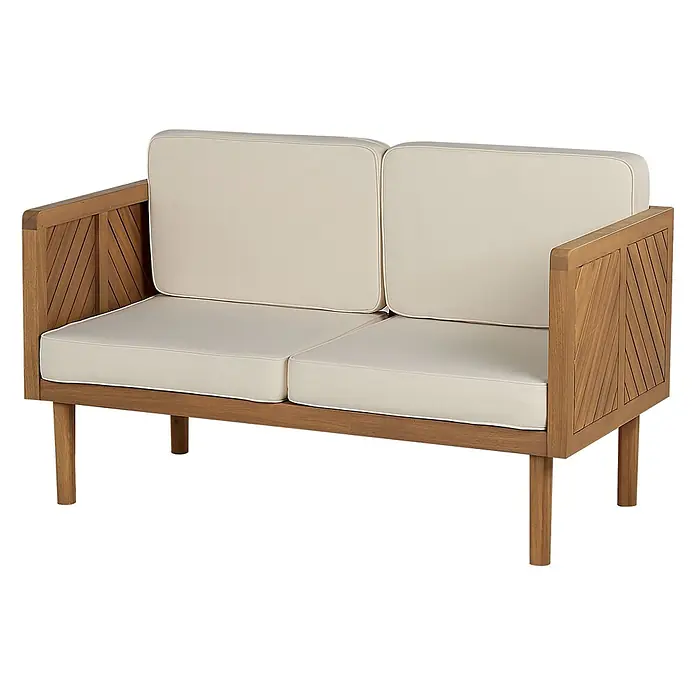 5-tlg Lounge Set BARATTI in Braun/Beige -  - Zweisitzer-Gartensofa mit Naturholzrahmen, Chevron-Seitenpaneelen und cremefarbenen Kissen.