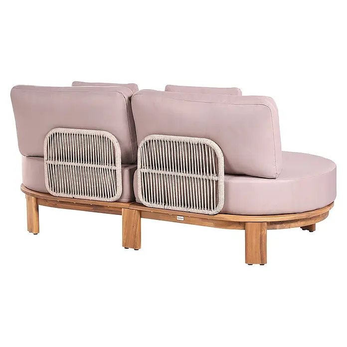 4-tlg Lounge Set ARZELLO in Braun/Beige -  - Rückansicht von zwei modularen Outdoor-Sofa-Elementen mit hellbeigen Kissen, seilgeflochtenen Rückenlehnen und Holzgestell.