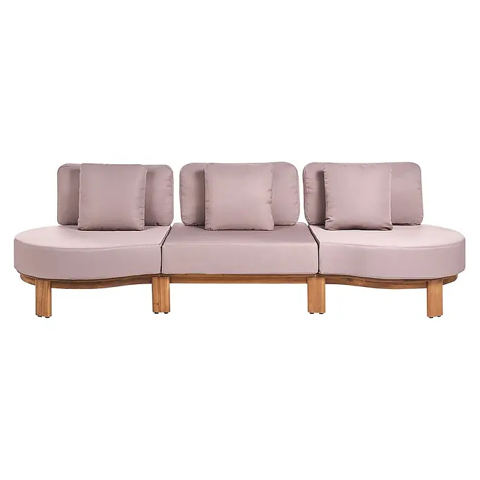 4-tlg Lounge Set ARZELLO in Braun/Beige -  - Modulares Outdoor-Loungesofa mit hellrosa Kissen und natürlichem Holzgestell, bestehend aus drei geschwungenen Sektionen.
