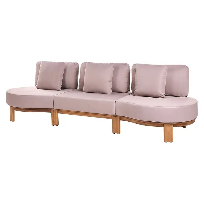 4-tlg Lounge Set ARZELLO in Braun/Beige -  - Gekrümmtes modulares Outdoor-Sofa mit hellrosa Kissen und Holzrahmen.