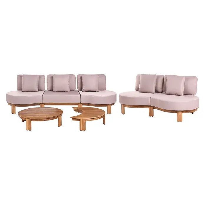 4-tlg Lounge Set ARZELLO in Braun/Beige -  - Modulare Outdoor-Sitzgruppe mit hellrosafarbenen Kissen und Holzrahmen, dazu zwei Holztische.