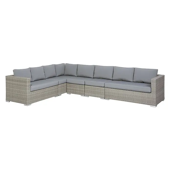 8-tlg Lounge Set XXL in Grau rechtsseitig -  - Graues Rattan-Garten-Ecksofa mit grauen Kissen.
