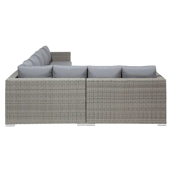 8-tlg Lounge Set XXL in Grau rechtsseitig -  - L-förmiges Gartensofa aus hellgrauem Korbgeflecht mit dicken grauen Kissen.