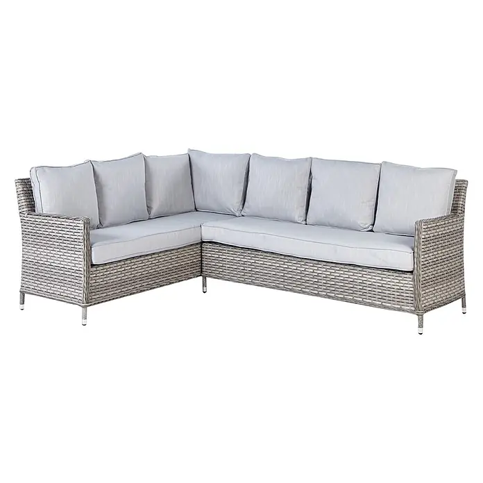 5-tlg Lounge Set LACONA in Grau rechtsseitig -  - Grau geflochtenes Rattan-Ecksofa mit hellgrauen Kissen für den Außenbereich.