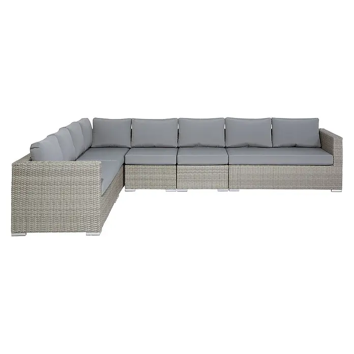8-tlg Lounge Set XXL in Grau rechtsseitig -  - L-förmiges Outdoor-Rattan-Sofa mit hellgrauen Kissen, für Eckanordnung konzipiert.