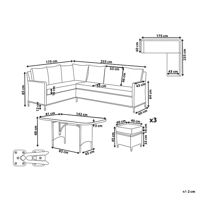 5-tlg Lounge Set LACONA in Grau rechtsseitig -  - Technische Zeichnung eines Ecksofa-Gartensets mit Sofa, Tisch und drei Poufs, inklusive detaillierter Maße.