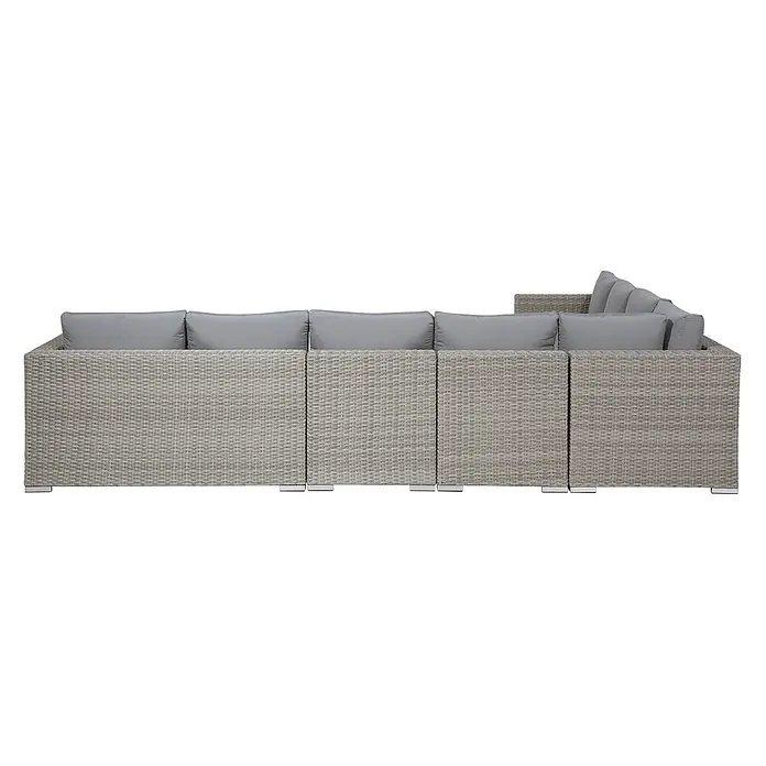 8-tlg Lounge Set XXL in Grau rechtsseitig -  - Graues Rattan L-förmiges Outdoor-Sofa mit grauen Kissen.