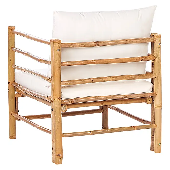 20-tlg Lounge Set CERRETO in Braun/Weiß linksseitig -  - Bambus-Sessel mit natürlicher Oberfläche und weißen Stoffkissen.