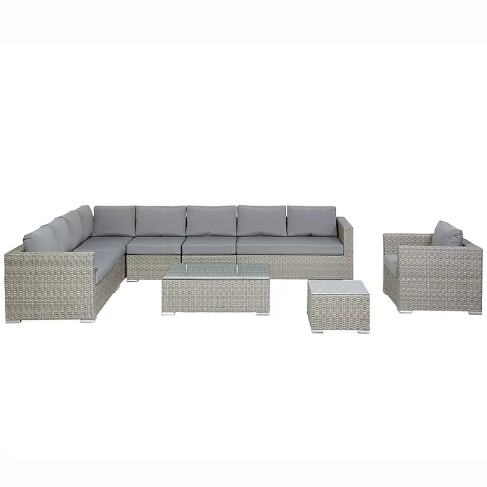 8-tlg Lounge Set XXL in Grau rechtsseitig -  - Graues Rattan-Gartenlounge-Set mit L-Sofa, Couchtisch, Beistelltisch und Sessel, alle mit grauen Kissen und Glasplatten.