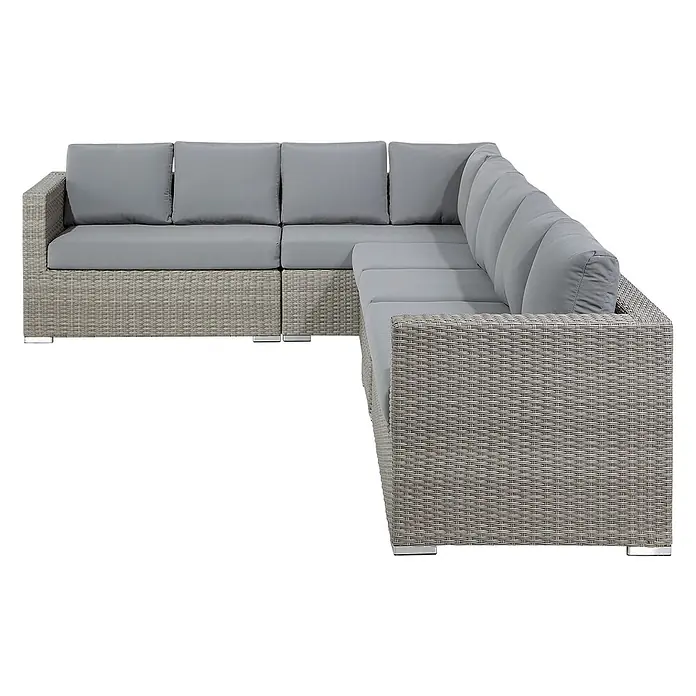 8-tlg Lounge Set XXL in Grau rechtsseitig -  - L-förmiges Outdoor-Sofa aus grauem Rattan-Geflecht mit hellgrauen Kissen.
