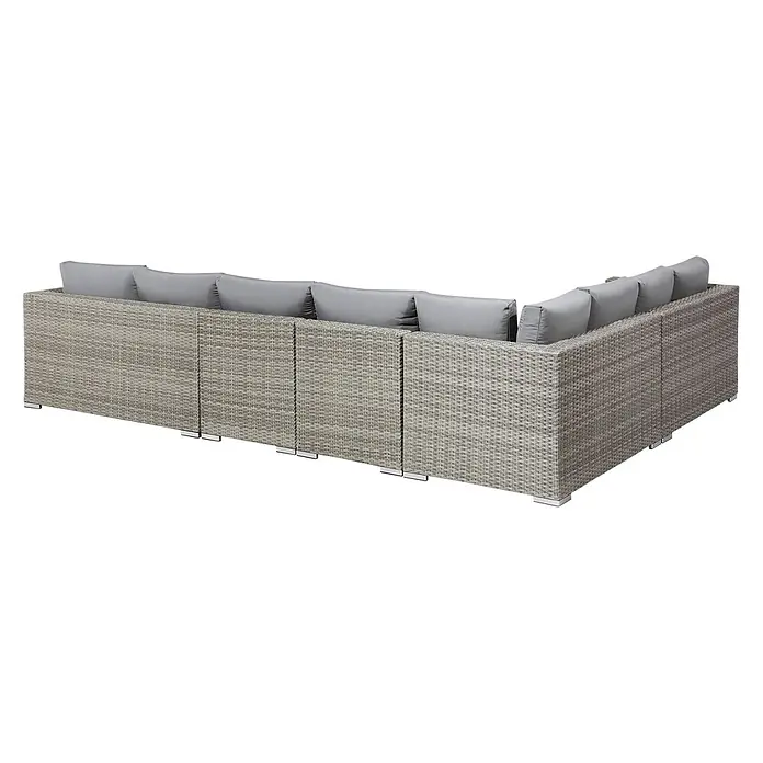 8-tlg Lounge Set XXL in Grau rechtsseitig -  - Modulares hellgraues Polyrattan-Gartenecksofa mit grauen Kissen.