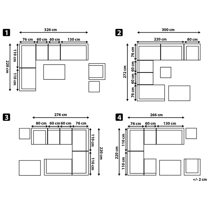 8-tlg Lounge Set XXL in Grau rechtsseitig -  - Schema eines modularen Outdoor-Möbelsets mit vier verschiedenen Konfigurationen und deren Maßen.
