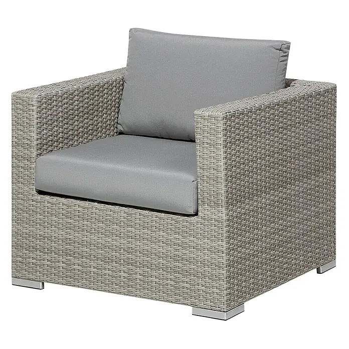 8-tlg Lounge Set XXL in Grau rechtsseitig -  - Grauer geflochtener Outdoor-Sessel mit grauen Kissen.
