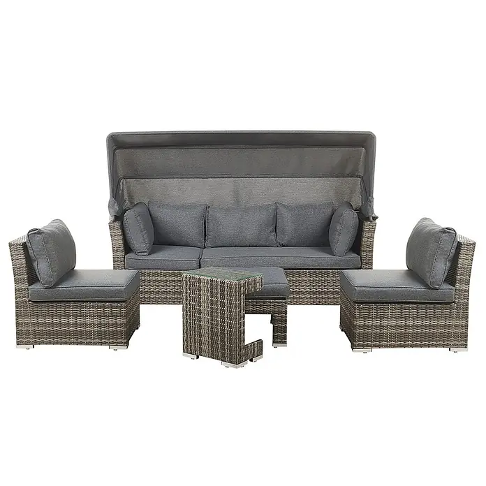 17-tlg Lounge Set CORTE in Braun/Grau -  - Graues Polyrattan Outdoor-Lounge-Set mit Baldachin-Sofa, zwei Sesseln und einem Beistelltisch/Hocker, mit grauen Polstern.