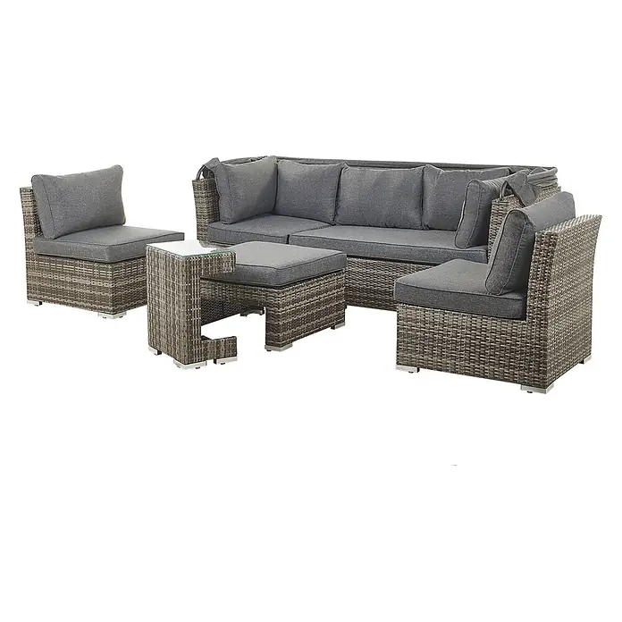 17-tlg Lounge Set CORTE in Braun/Grau -  - Outdoor-Rattanmöbel-Set mit grauen Polstern, bestehend aus Sofa, Sessel, Ottomane und Beistelltisch mit Glasplatte.