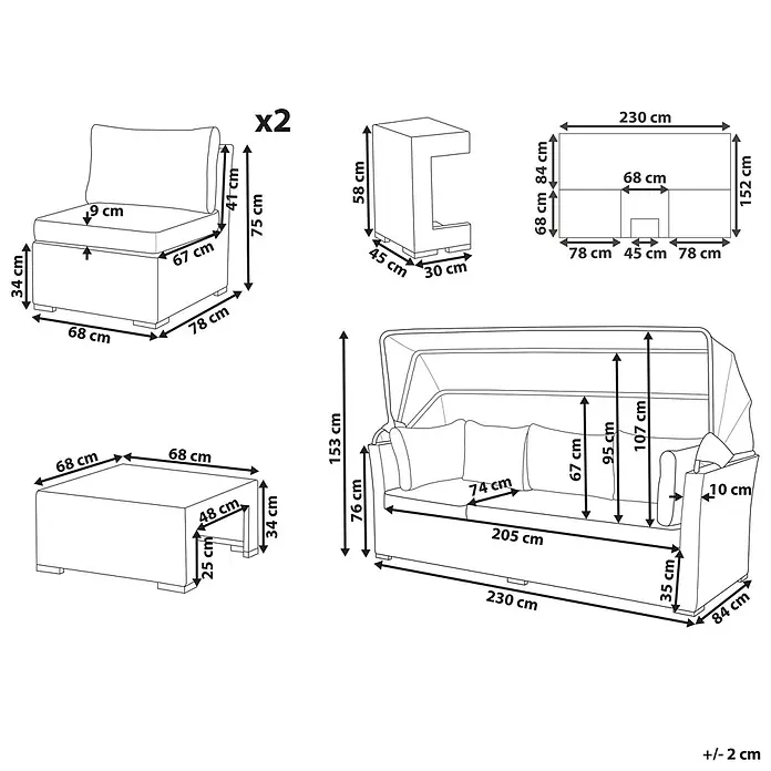 17-tlg Lounge Set CORTE in Braun/Grau -  - Maßzeichnung eines modularen Outdoor-Lounge-Sets mit Sofa mit Überdachung, zwei Sesseln, Couchtisch und Beistelltisch, mit verschiedenen Maßen.