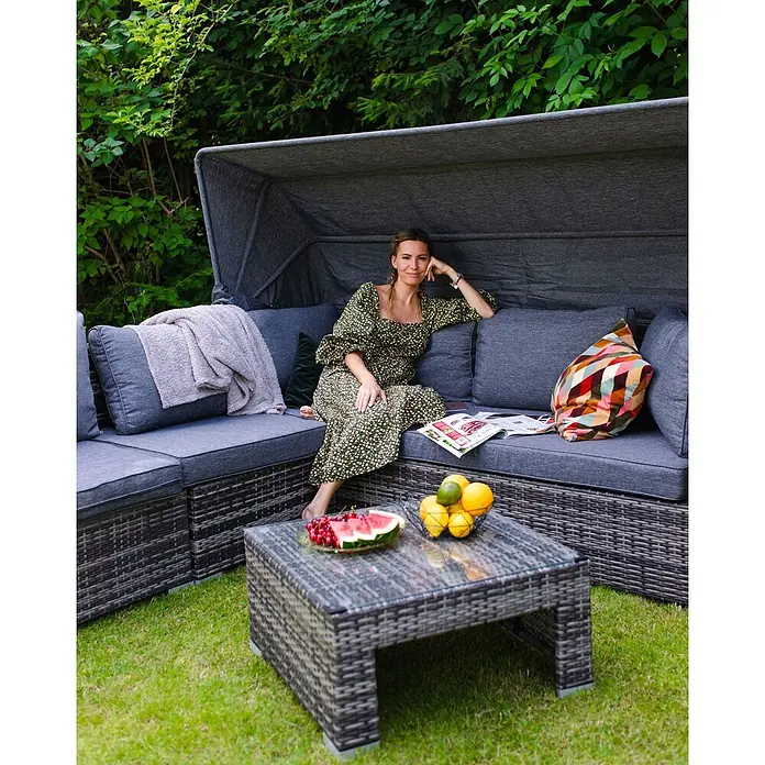 17-tlg Lounge Set CORTE in Braun/Grau -  - Graue Rattan-Outdoor-Lounge-Set mit Überdachung und Couchtisch.