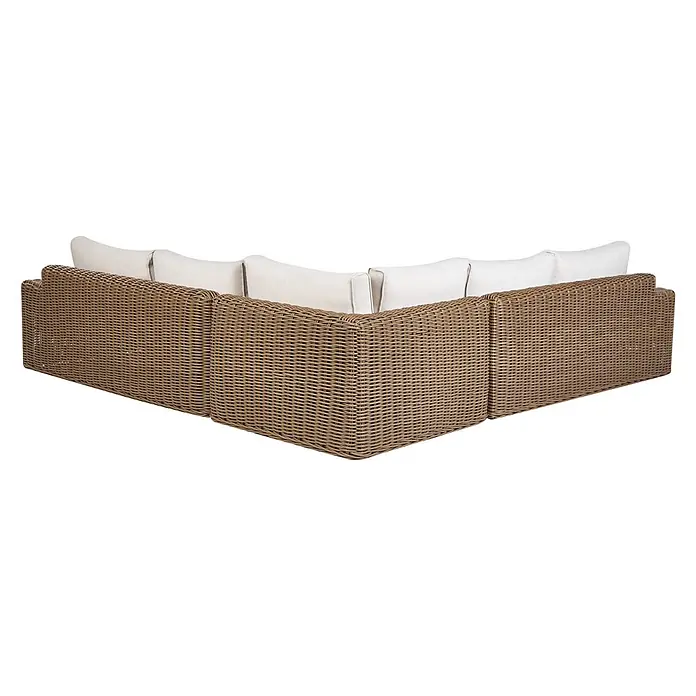 4-tlg Lounge Set PALERMO in Braun/Weiß -  - Outdoor-Ecksofa in hellbraunem Rattan mit weißen Kissen.